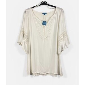 Blue Island Blouse Womens M White Lace Crochet Trim Bell Sleeves Boho Rayon Hipp